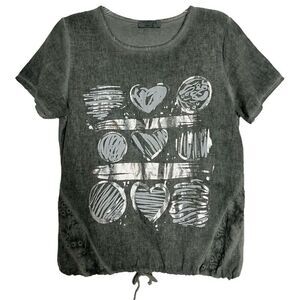 Via Vitale Cotton Linen Gauze Top Womens Small Eyelet Drawstring Hem Foil Hearts